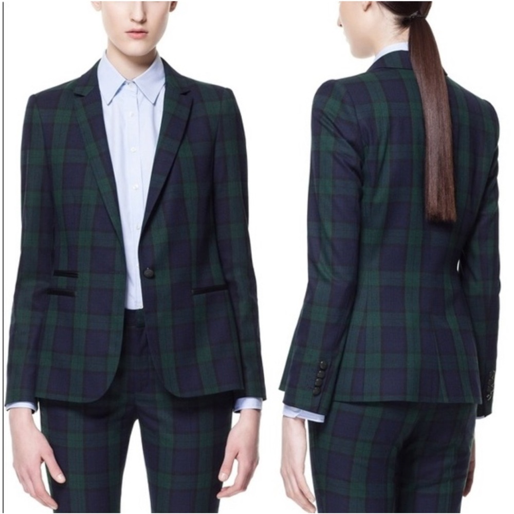 Zara Tartan Plaid Faux Leather Detail Blazer